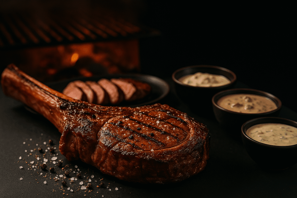 Chuletón tomahawk a la brasa con solomillo y salsas caseras en Marisquería El Puerto, Benidorm.