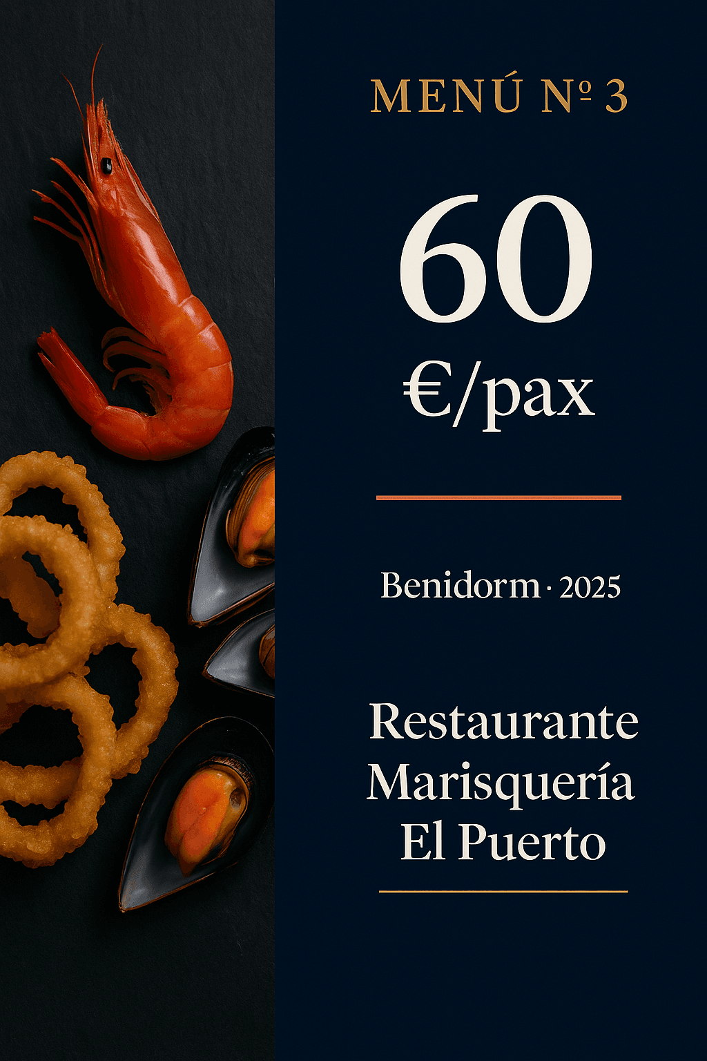 Menú 1 en Benidorm, 30 €/persona con opción de salón privado desde 20 pax — Marisquería El Puerto