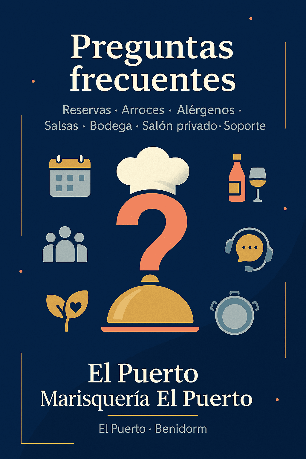 Ilustración FAQ premium del Restaurante Marisquería El Puerto en Benidorm con iconos de reservas, arroces, bodega y atención al cliente sobre fondo azul marino.
