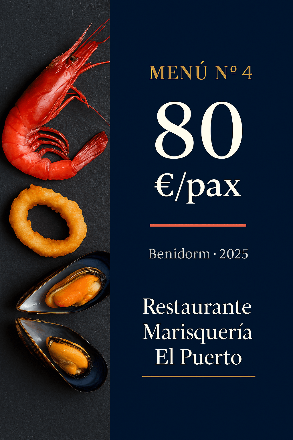 Menú 1 en Benidorm, 30 €/persona con opción de salón privado desde 20 pax — Marisquería El Puerto